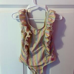Ruffle Butts Pastel Rainbow Stripe Ruffle One-Piece